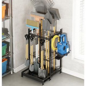 GILLAS Organiseur d'outils de jardin pour garage, étagères de rangement utilitaires avec crochets, support d'outils de cour en métal pour long manche, balai, pelle, râteau, support lourd robuste pour (Fast Media Ships From USA, neuf)