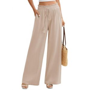 UMIPUBO Pantalon Lin Femme Été Coton Chanvre Décontractés Large Pantalons Fluide Elegant Chic Taille Haute Élastique Pantalon Léger Jogging Pants de Plage avec Poches (Abricots, S) (Bukely, neuf)