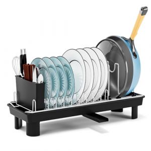 Gaethra &Eacute;gouttoir Vaisselle Cuisine INOX, &Eacute;gouttoir Vaisselle sur &Eacute;vier avec Bac et Porte-Ustensiles, S&egrave;che Vaisselle sur &Eacute;vier Compact pour Cuisine, Camping et Caravane 41 x 17 x 10 cm (Noir) (KYRIACOSGATHRA, neuf)
