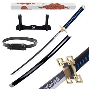 Hashiman - Katana Demon Réplique Manga Sabre + Support Epée Bois + Ceinture - Catana Japonais Cosplay Décoration Jouet Enfant Adulte - Jeu Déguisement Deco Ninja (Muichiro Tokito) (Hashiman, neuf)