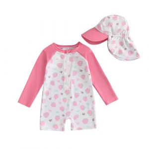 HodJIU Maillot de Bain Bébé Fille Anti-UV Combinaison Natation Piscine à Manches Longues + Chapeau de Bain Ensemble Swimwear Nouveau-né (Rose Strawberry Bow, 3-4 Years) (Haikouxunchuanhandianzishangwuyouxiangongsi, neuf)