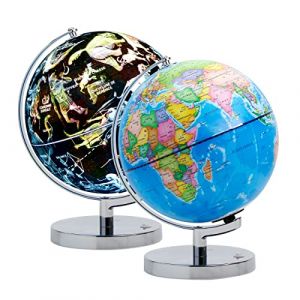 Exerz 23cm Globe Lumineux - Carte en Français- Globe Terrestre Support en Métal - Carte Politique (Jour) - Etoiles et Constellations (Nuit) - Lampe LED sans câble - Amusant et éducatif (Exerz, neuf)