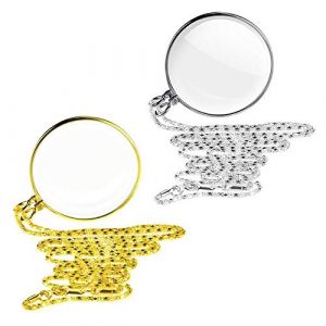 2 Pcs Loupe Collier - Pendentif avec Loupe，Mini Lecture 5X Loupe avec 45cm/17.6 Pouces Chaîne Parfait pour Bibliothèque, Lecture (Or/Argent) (Fatiya, neuf)