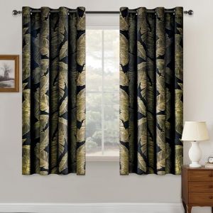 MIULEE Rideaux Velours avec Motif Feuilles d'or, Tr&egrave;s Doux Rideau Velour Noir &agrave; Oeillet Rideau Opaque, Rideaux Courts Fenetre Chambre Salon Int&eacute;rieurs, 2X L117xH137 CM (MIULEE HOME, neuf)