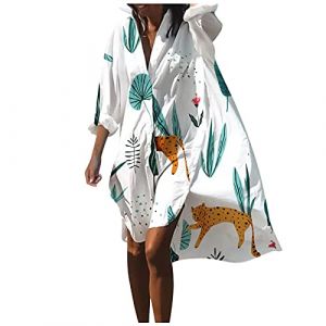 Robe de plage pour femme - Longue - Boho - Blanc - Robe de plage d'&eacute;t&eacute; - Tunique de plage - Par&eacute;o - Robe de plage - Manteau de plage - Robe d'&eacute;t&eacute; - L&eacute;g&egrave;re - Manches courtes - Poncho de plage - Fin (Cy.betony, neuf)