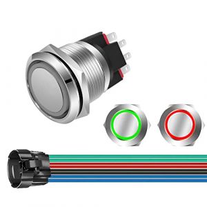 GUUZI Bouton Poussoir Momentané 12V-24V/10A NO/NC Etanche avec Lumière LED Verte/Rouge Illuminée 22mm Bouton Poussoir de Démarrage en Métal avec Fil de Prise (GUZI STORE, neuf)