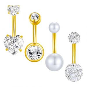 Gojewen 4 pièces Anneaux de piercing pour le ventre 6mm Or Petits boutons de nombril 14G Acier inoxydable Coeur CZ Perle Cristal Bijoux de piercing pour le ventre (Gojewen Jewelry, neuf)