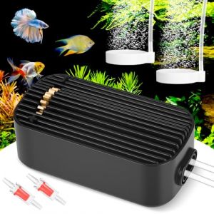 Pompe à Air Aquarium, GuKKK Silent Pompe à Air Aquarium, 5W Puissante Sortie Bulleur Aquarium, Réglable Bulleur pour Aquarium avec Pierre à Bulles et Clapet Anti-Retour, 2M Tuyau et 2 Sorties d'air (Bananheim Solutions KFT., neuf)