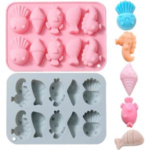 WishesMar 2 Pièces Moule à Chocolat Forme de Animal Marin Hippocampe Poisson Conque Poulpe 10 Cavités Moules en Silicone pour Bonbon Glace Petit Savon Décoration de Gateau (Nicemeet999, neuf)