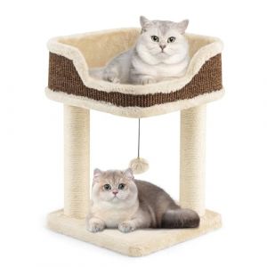 GOPLUS Arbre a Chat à 2 Niveaux avec Balle Suspendue et Clochette, Arbre à Chat Petit avec Perchoir en Peluche, 2 Poteaux à Gratter en Sisal, Centre d'Activité pour Chatons d'Intérieur (Beige) (Augenstern24, neuf)