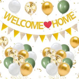 YSUVIN Ballon Bienvenue à La Maison, Bienvenue à Garland, 1 BannièRe De Bienvenue, 1 BannièRe De Drapeau Triangulaire, 20 Ballons De Famille, Mariage, FêTe D'Inauguration, Or + Vert (AnYue Store, neuf)