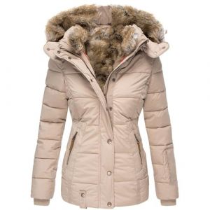 SUIUOI Manteau d'hiver pour femme - Veste matelass&eacute;e chaude doubl&eacute;e avec capuche en fourrure synth&eacute;tique, veste d'hiver cintr&eacute;e avec fermeture &eacute;clair, long manteau &agrave; capuche pour femme, pour le (YiWuShiQiTongDianZiShangWuShangHang, neuf)
