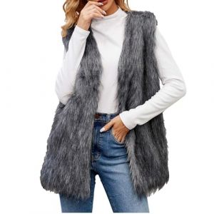 G&eacute;n&eacute;rique Gilet Fausse Fourrure Femme Manteau Fourrure Sans Manches Doux Moelleux Veste Polaire Hiver Chaud Manteau Laine Fluffy Couleur Unie Blouson Confortable Gilet Chaud Femme Gris L (Zawalud, neuf)