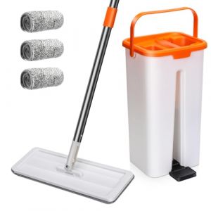 MASTERTOP Balai Microfibre et Seau Essoreur Mop Plat Rotatif et Seau Auto-Essorage Petit&Léger avec Mains Libres Vadrouille pour Nettoyage de Sol Humide & Sec avec 3 Serpillères (Orange) (MASTERTOP, neuf)