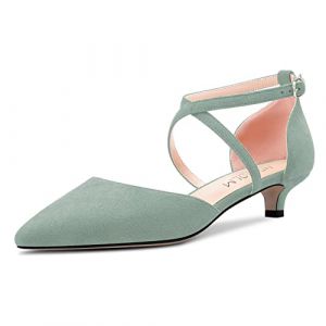 HDEUOLM Femmes Bas Kitten Talon Heel Fermé Pointu Bout Sandales Lanières Cheville Lanières Croisées Boucle Escarpins Mariage Sexy Dress 3.5 CM Heels Chaussures Vert Suède B 39 EU (mylifediy, neuf)
