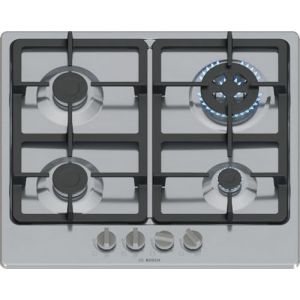 Bosch PGH6B5K90 S&eacute;rie 4 Plateau Cuisson &agrave; Gaz, Br&ucirc;leur Wok : Puissance jusqu'&agrave; 3,3 Kw, Grilles en fonte, Acier, 60 Cm, 3 zones + Wok, Inox (Flanco Retail, neuf)