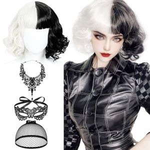 QJFHURB Perruque Cruella Perruque Noire Et Blanche Cruella Perruque Noir Et Blanc Cruella Perruque Femme Perruque Cruella Avec Collier De Dentelle Masque Pour Les Yeux Et Filet à Cheveux En Dentelle (DOUBLE CARS LIMITED, neuf)