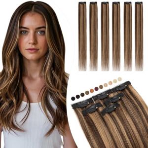 Elailite Extension Clip Cheveux Humain Natural Rajout Cheveux Vrai Lisse 6 Bandes Silk Lace 44g Ajouter Volume/M&egrave;ches (45cm, CHATAIN FONCE + CHATAIN CLAIR) (Naughty Fashion Mode, neuf)