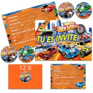 Ctxtqtdt 12x Hot Whels Invitation Anniversaire Garcon en Fran&ccedil;ais avec Enveloppes, Hot Whels Carte Invitation Anniversaire &agrave; Th&egrave;me, Cartes d'Invitation de F&ecirc;te pour Anniversaire (A6) (A) (baojiameng, neuf)