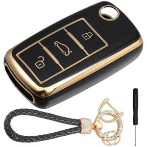 LbsAMP Protège Clef de Voiture 3 Boutons Tup Compatible avec VW Golf 5 6 Polo Touran Touareg Passat MK6 Caddy Jetta Scirocco Skoda Seat Coque Clé VW étui pour Clé de Voiture avec Porte Clés - Noir (WFire-EU, neuf)
