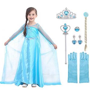 URAQT Elsa Dress Costume de princesse, Elsa Anna Dress Up pour les filles, avec accessoires gants couronne baguette tresse robe longue Costume pour fête/reconstitution historique/demoiselle (Petit Wudong, neuf)