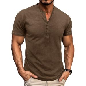 LAOARA Tee Shirt Homme T Shirt T-Shirts &agrave; Manches Courtes Homme Coton Henley Vintage Col Tunisien Boutons Et&eacute; Kaki 2XL (Laoara Store, neuf)