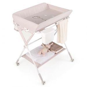 GOPLUS Table à Langer Bébé Pliante, Commode à Langer Réglable en 3 Hauteurs avec Roues Verrouillables, Poubelle, Panier de Rangement, Étagère, Ceinture de Sécurité, pour 0-12 Mois (Beige) (Augenstern24, neuf)