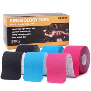 Bande Kinesiologie Tape Kinesiologie, K tape Elastique Imperméable à l'eau, Taping Kiné Bande Strapping pour le Sport, Support Musculaire et Articulaire Sans LATEX 5cm x 5m (Noir, Bleu, Rose) (ikoodas, neuf)