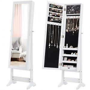 COSTWAY Armoire à bijoux sur Pied avec Miroir Psyché Coffre à Bijoux, Armoire de Rangement Cosmétiques,3 Positions Réglables, Installation Facile, Style Nordique, Blanc (FDS GmbH, neuf)