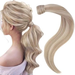 Easyouth Queue de Cheval Cheveux Humain Blond Cendr&eacute; a Blond Clair Highlight Extension Cheveux Naturel Queue Blonde Wrap Around Extension Queue de Cheval Vrais Cheveux 35cm 70g (Easyouth Hair, neuf)