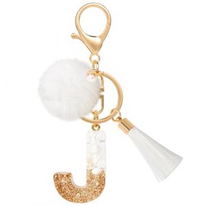 MWOOT Porte Clé Lettre J Peluche Tassel, Initial Résine Personnalisé Keychain Or Blanc, Porte Clef Lettre Pendentif Décoratif, Kawaii Porte Clef Voiture Charm, Idee Cadeau D'Anniversaire pour Femme (vetpw, neuf)