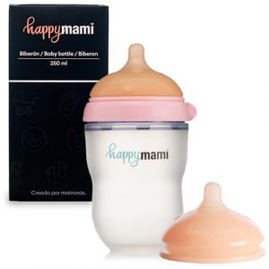 Happymami, Set biberon anti-colique personnalisé en silicone + tétine, design anatomique, avec tétine extra, sans BPA (Rose 250ml) (Happymami, neuf)
