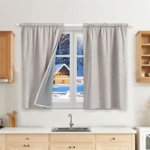Runyéla 100% Rideau Occultant Thermiques Isolant Anti Froid, 2x90x120(LxH) Rideaux Lin Opaque avec Galon Fronceur pour Rail de Salon Chambre Masion Anti Chaleur Bruit Gris Blanc (Runi-EU, neuf)