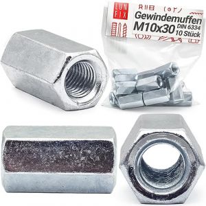 Écrous longs M 10 x 30 mm DIN 6334, lot de 10, manchon fileté hexagonal, acier galvanisé, douille filetée, rallonge pour tige filetée, entretoise de raccordement, classe de résistance 5 (LUN FIX, neuf)