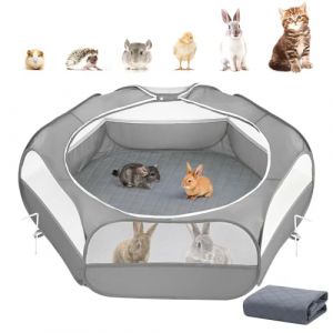 Parc pour Petits Animaux 2-en-1 avec Coussin, Cage pour Petits Animaux Imperméable avec Coussin Réutilisable, Clôture de Cour Extérieure avec 3 Tiges en Métal pour Poussin/Chaton/Chiot, Gris (Joiel EU, neuf)