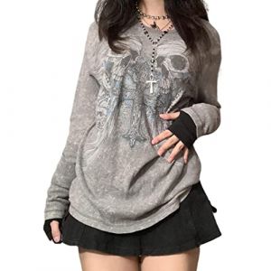 Y2K Haut &agrave; manches longues pour femme Sexy Gothique Croix Ailes Imprim&eacute; Patchwork Col en V Basic Slim Fit Chemisier Tops Vintage Fairy Grunge Streewear, S (Harri me, neuf)