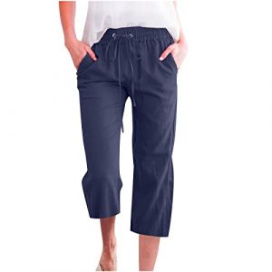 Pantalon Fluide Femme &Eacute;t&eacute; Fluide Coton Lin Taille Haute Elastique D&eacute;contract&eacute;s Pantalons Mode Chanvre Confortable Jogging Plage R&eacute;tro Pants L&eacute;ger Respirant Pantalon avec Poches Pas Cher (⭐⭐⭐⭐⭐5.0 Yaair-OEF, neuf)