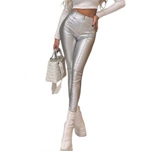 Onsoyours Pantalon Taille Haute Effet Cuir Mouillé avec Fermeture Éclair pour Femme PU Coated Pantalon Femme Pantalons Taille Haute Treggings Skinny Z Argenté XL (Zeigood Mode, neuf)