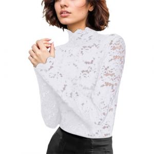 Haut en dentelle florale pour femme - Manches longues - Col montant - Maille transparente - Sous-v&ecirc;tements - Chemisier sexy et ajust&eacute; - Haut de loisirs - Noir - Haut en dentelle, Blanc., 3XL (Dvving6, neuf)