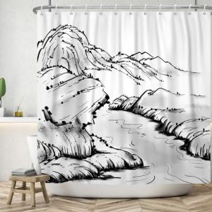 SDOTPMT 120x180cm Asie Japon Paysage Rideau de Douche Montagne lac Japonais Traditionnel Encre Rideau Douche Rustique Nature Scenic Rideau Douche pour Enfants avec Crochet Salle de Bain Decor (SDOTPMT, neuf)