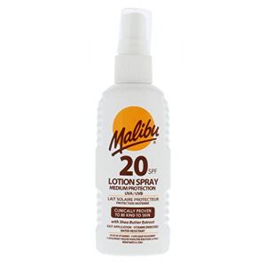 Malibu Sun Lotion en spray SPF 20, crème solaire de protection moyenne, résistante à l'eau, enrichie en vitamines, à l'extrait de beurre de karité, 100 ml (Z/Emporium, neuf)