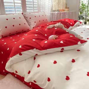 Freyamy Housse de Couette 240x260cm+2 Taie d'oreiller 65x65cm Coeur Imprimé Blanc Rouge Parure de lit 2 Personnes Adulte Motif du Cœur Sets de Housse Couette en Microfibre avec Fermeture Éclair (Mitchell'SZ, neuf)