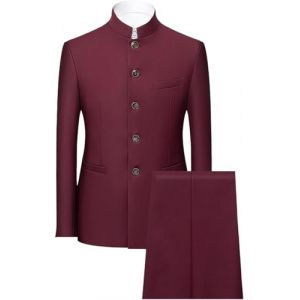 JEShifangjiusu Costume Tunique Chinoise 2 Pièces Uniforme Traditionnelle pour Hommes Ensemble Blazer à Col Mandarin Ensemble Pantalon Veste Boutonnée Robe de Marié (Le Vin Rouge,3XL) (Huabaohua[7-12 Deliverly], neuf)