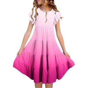 SoLu DAY8 Robe Princesse Ado Fille Ete sans Manches à Volants Couleur Dégradée Robe Tunique Enfant Fille Chic et Elegant Léger Fluide Casual Soirée Ceremonie Vacances 6-15 Ans (14-15 Ans, Rose-1) (SoLu DAY8, neuf)