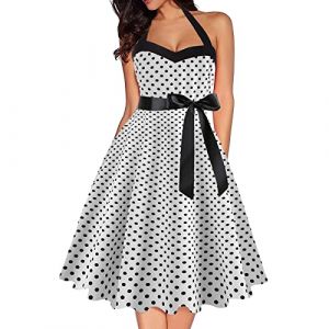 Robe Vintage Ann&eacute;Es 50 Pin Up Femme &agrave; Pois Vintage R&eacute;tro Imprim&eacute;e &agrave; Pois Mi Longue El&eacute;gante Style 1950's Audrey Hepburn Robe de Soir&eacute;e Cocktail sans Manches Rockabilly Ann&eacute;e 50 Swing Pliss&eacute;e (Anglekie, neuf)