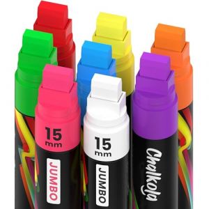 Chalkola Jumbo Marqueurs de Fenêtre 15mm Lot de 8 Stylos Craie Fluo - Utilisables sur Voitures, Tableau Craie, Céramique, Verre, Plastique | Aimé par Enseignants, Artistes et Entreprises (WizMops, neuf)