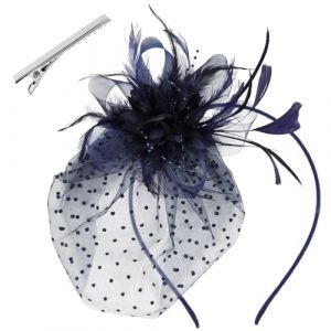 GWAWG Chapeau Fascinateur pour Femmes avec Plumes Bleu Marine, Fascinateur Rétro, Bandeau Fleuri en Résille, Accessoire de Coiffure à Clip pour Mariage, Soirée, Cocktail, Carnaval (GWAWG, neuf)