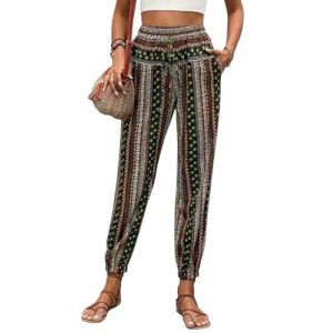 Minetom Pantalon Sarouel Femme Boho Sport Taille Haute Bouffant Pants pour Pilate Hippie Yoga Fitness Danse Pyjama Ete Plage B Vert Foncé XS (B.W.S KIT, neuf)