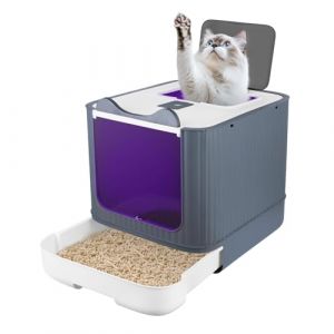 Bac à Litière pour Chat, Désinfection UV Bac à Litière Pliable pour Chaton avec Couvercle, Structure en dôme bac à Litière Fermé pour Chat, WC pour Chats avec Pelle (Forme de Chat-Blanc) (qhtxzyh, neuf)