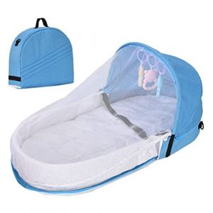 Lit de bébé portable avec jouets, lit de voyage souple et pliable, lit de voyage pour bébé de 0 à 18 mois, lit anti-moustique, lit de bébé câlin pour les voyages d'affaires (Bleu ciel) (Mutianyu, neuf)